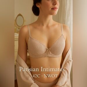 Parisian Intimates 42C Lace Bra Beige Nude NWOT Underwire Semi-Sheer